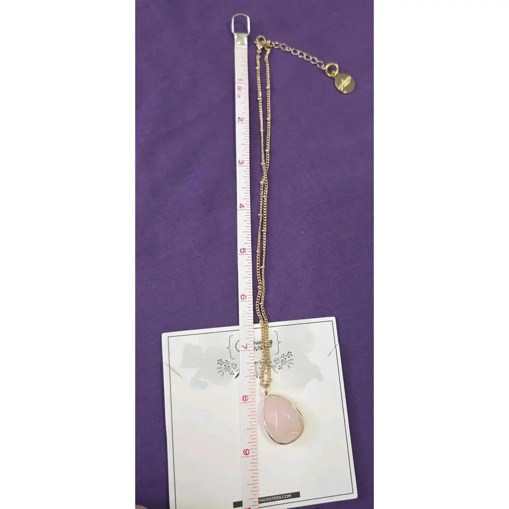 Rose Quartz Teardrop Pendant Necklace On Gold Tone Satellite Station Chain